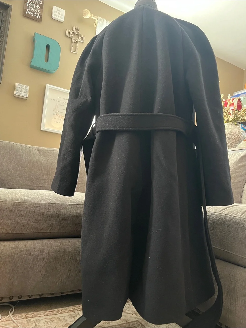 kate spade Out West Black Scallop-Edge Belted Wool Long Pea Coat Size M